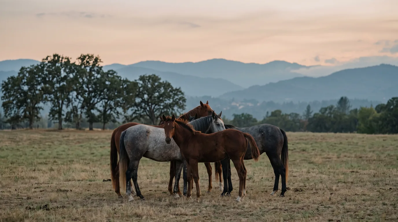 Chevaux en liberté, Pension de la Feuillée, Ain